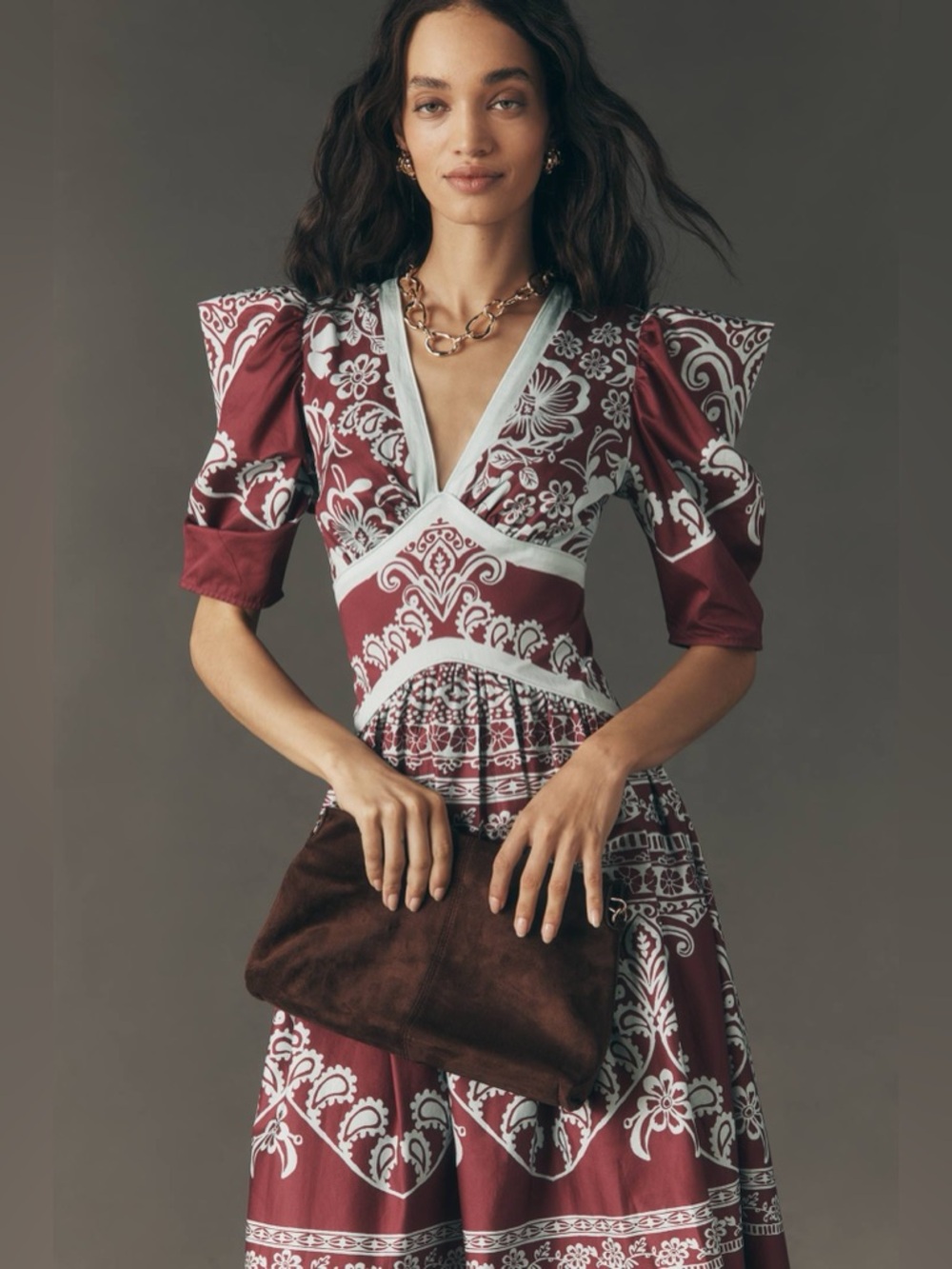 Farm Rio x Anthropologie Burgundy Blue Print puff sleeve Dress Size XS NWT - Picture 3 of 11